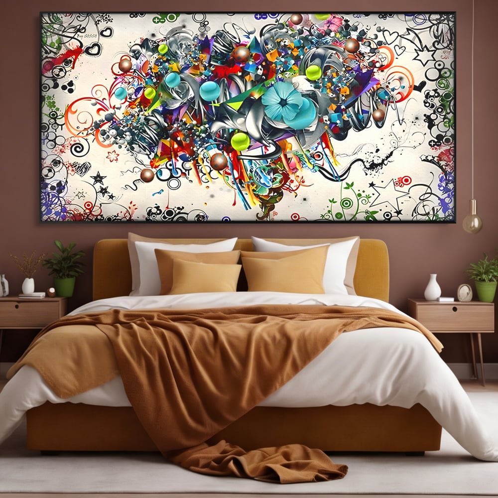 Tablou canvas cu tablou canvas cu compozitie abstracta, in rama de aluminiu negru, pe perete intr-un dormitor